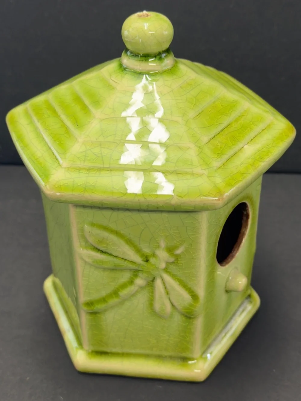 Vintage Decorative Ceramic Green Hexagon Birdhouse Accent